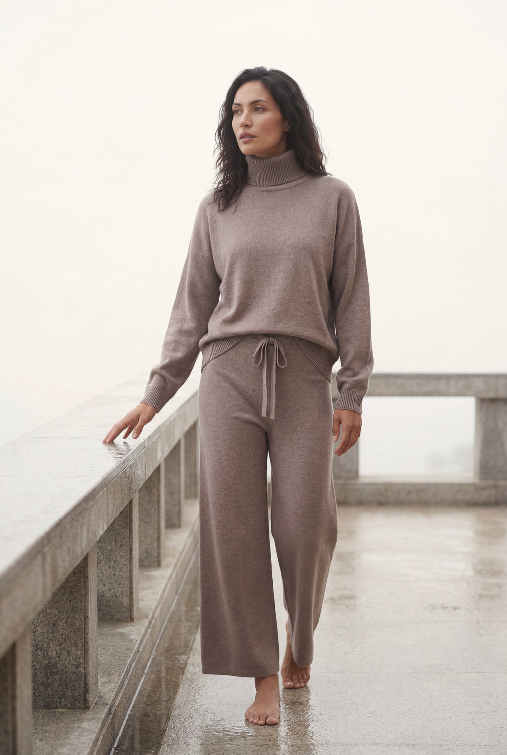 Lisa | Taupe Relaxed Turtleneck Lounge Set with Wide Leg Pants