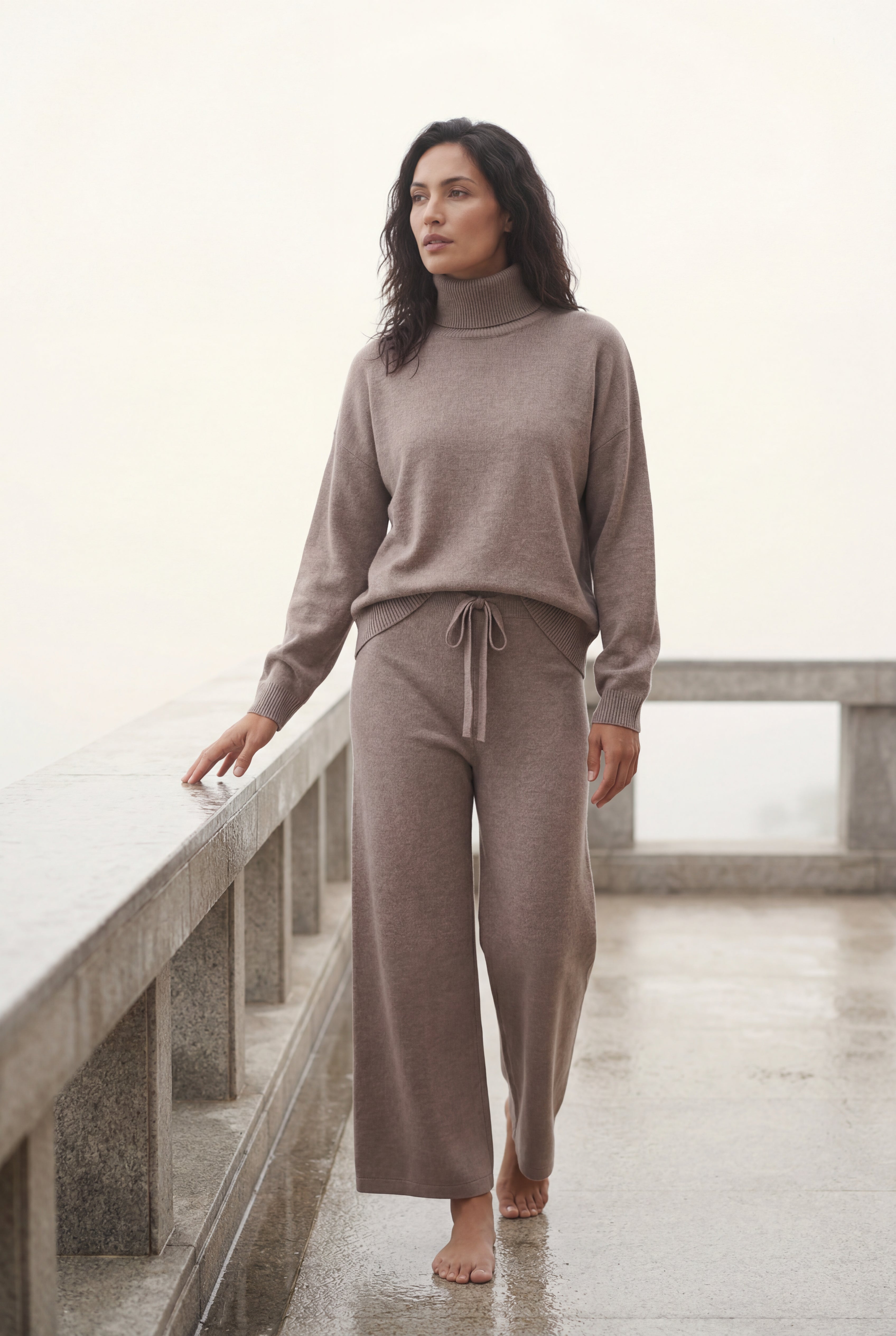 Lisa | Taupe Relaxed Turtleneck Lounge Set with Wide Leg Pants