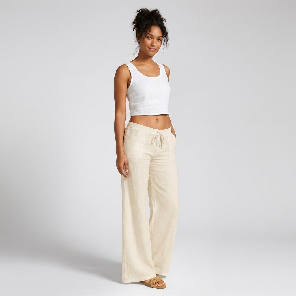Elcevi | Summer Linen Blend Wide Leg Trousers For Women