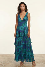 Elcevi | Tiered Floral Maxi Dress with Deep V-neckline For Women