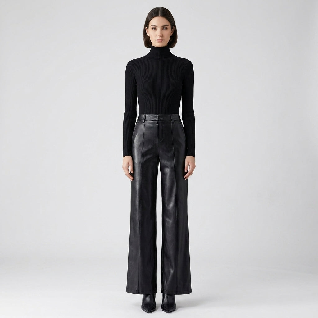 Elcevi | High-Waisted Wide Leg Faux Leather Pants For Women