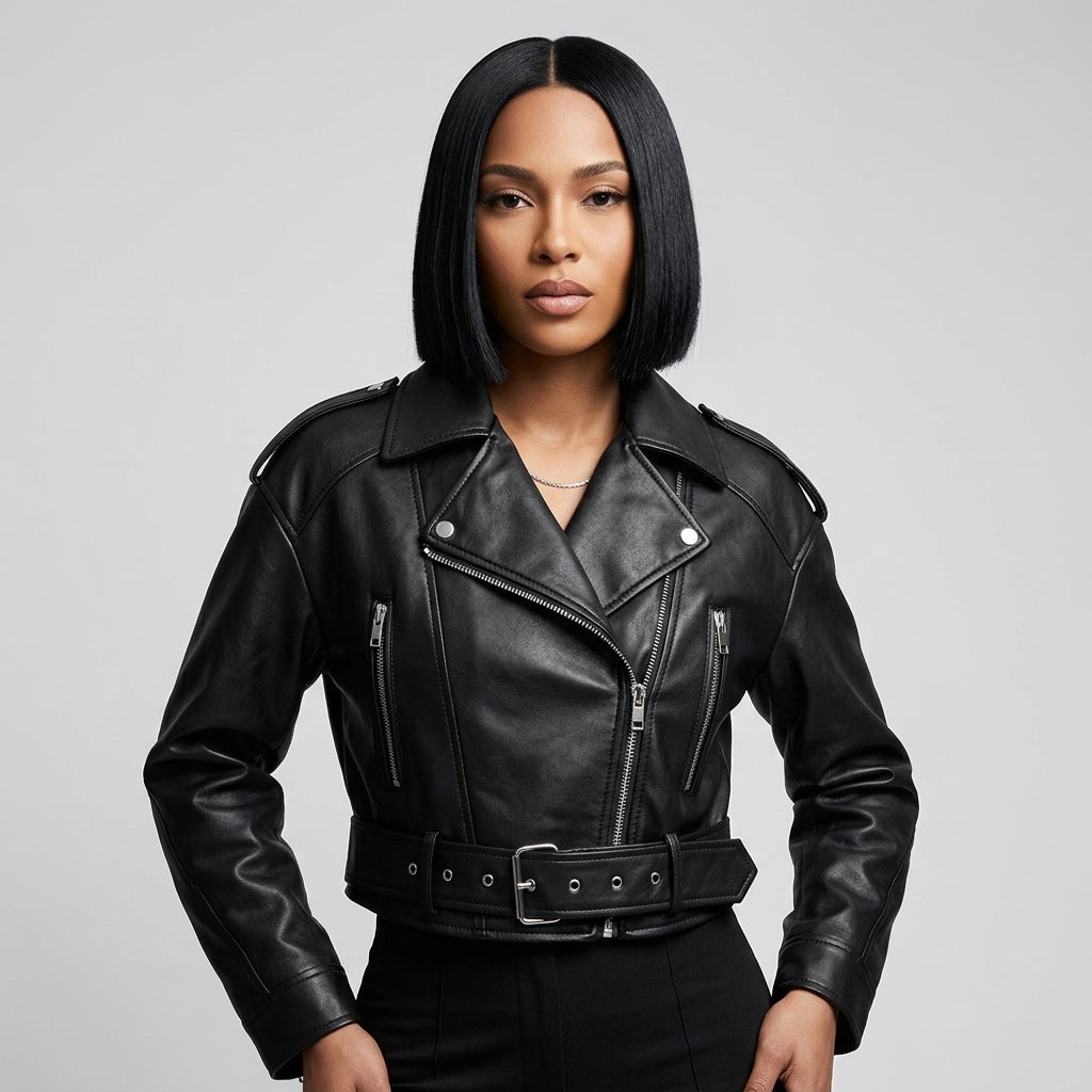 Elcevi | Cropped Leather Jacket with Belt For Women
