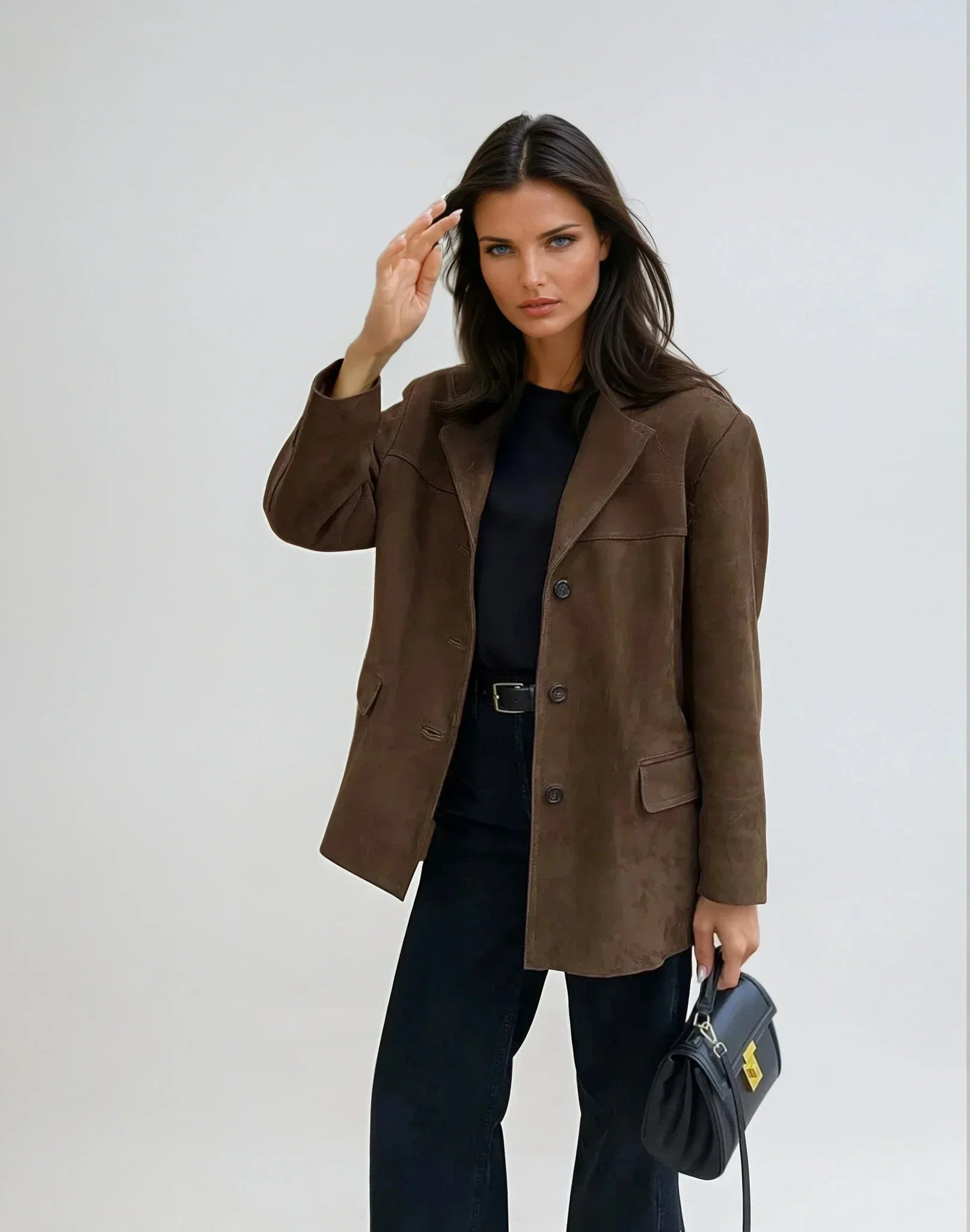 Ella - Women's brown suede blazer jacket with pockets