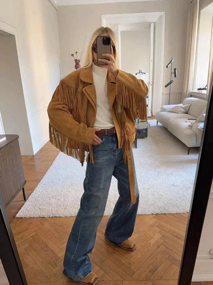Lia - Women's brown suede fringed jacket