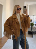 Lia - Women's brown suede fringed jacket