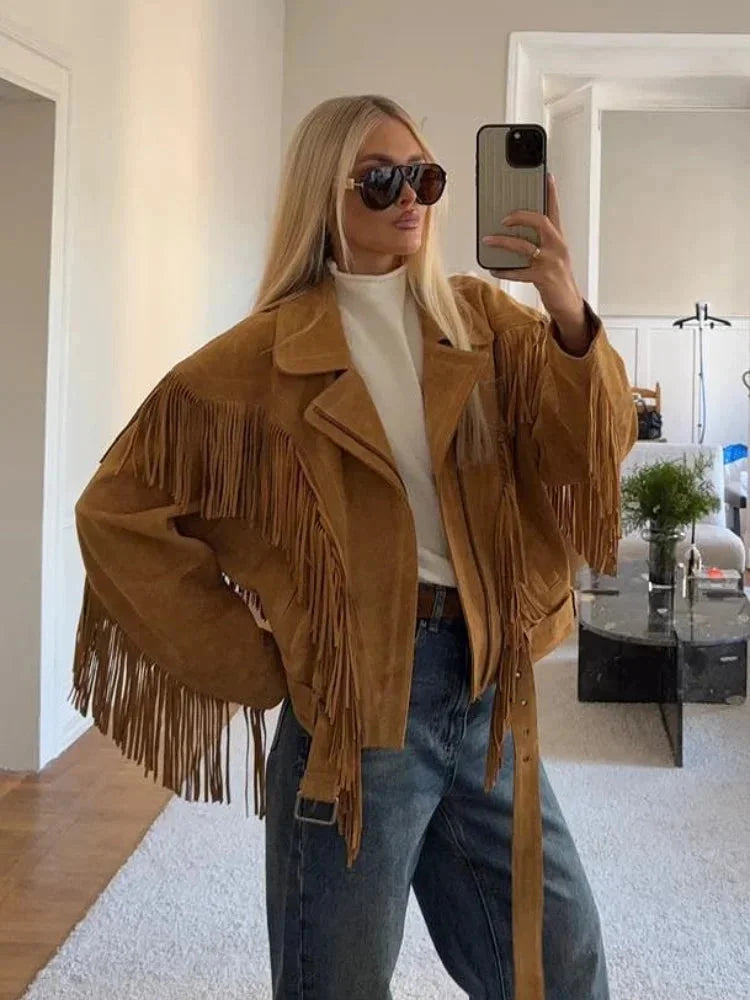 Lia - Women's brown suede fringed jacket