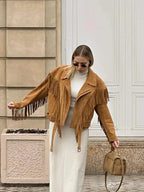 Lia - Women's brown suede fringed jacket
