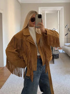 Lia - Women's brown suede fringed jacket