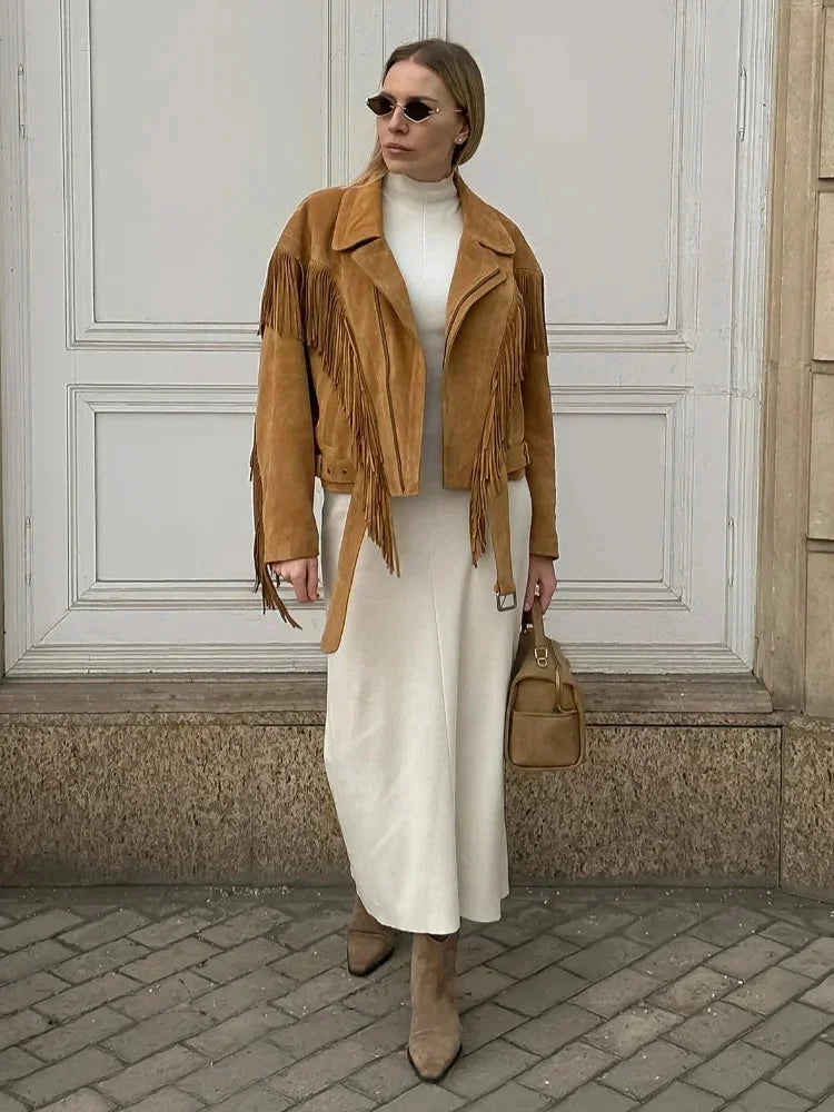 Lia - Women's brown suede fringed jacket