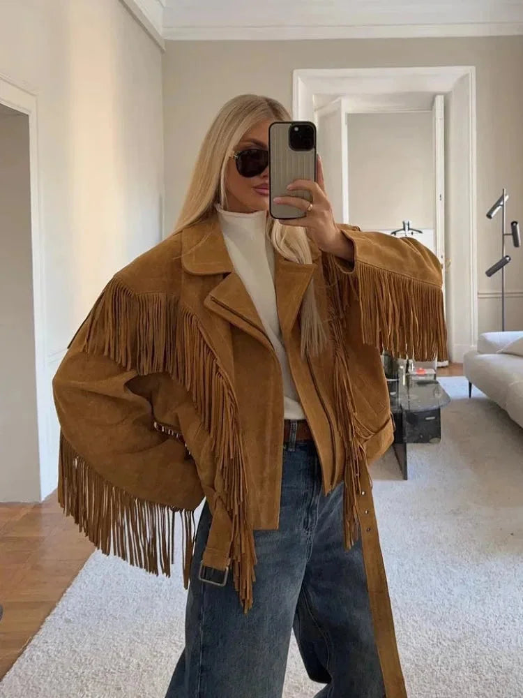 Lia - Women's brown suede fringed jacket