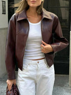 La- Women's Burgundy Faux Leather Vintage Style Jacket