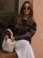 La- Women's Burgundy Faux Leather Vintage Style Jacket