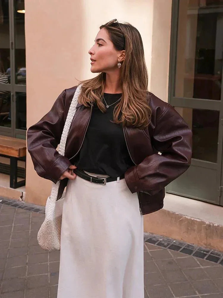 La- Women's Burgundy Faux Leather Vintage Style Jacket