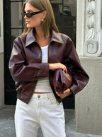 La- Women's Burgundy Faux Leather Vintage Style Jacket