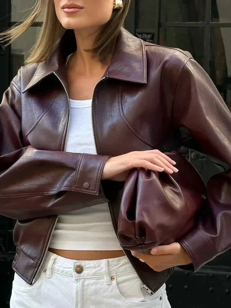 La- Women's Burgundy Faux Leather Vintage Style Jacket