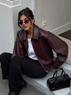 La- Women's Burgundy Faux Leather Vintage Style Jacket