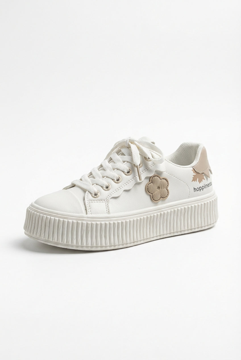 Lia | Beige Floral Applique Platform Lace up Sneakers Off White