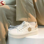 Lia | Beige Floral Applique Platform Lace up Sneakers Off White