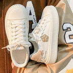 Lia | Beige Floral Applique Platform Lace up Sneakers Off White
