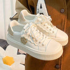 Lia | Beige Floral Applique Platform Lace up Sneakers Off White