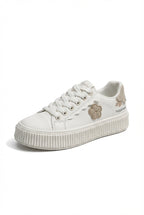 Lia | Beige Floral Applique Platform Lace up Sneakers Off White