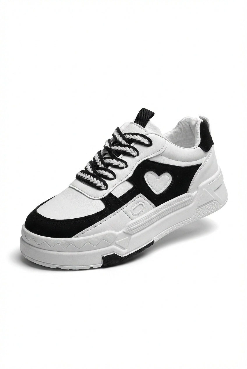 Lia | Black and White Chunky Heart-applique Sneakers