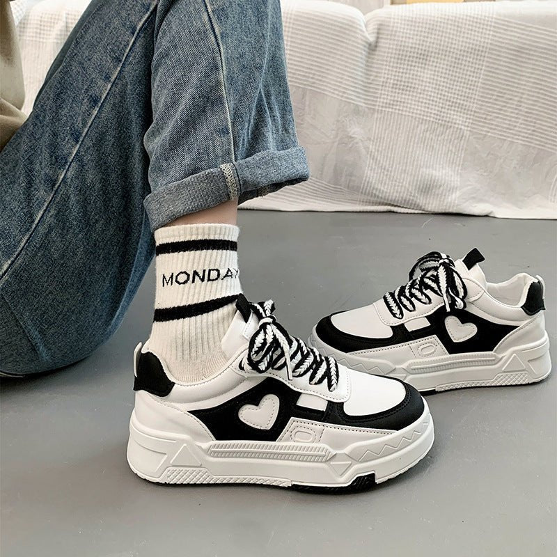 Lia | Black and White Chunky Heart-applique Sneakers