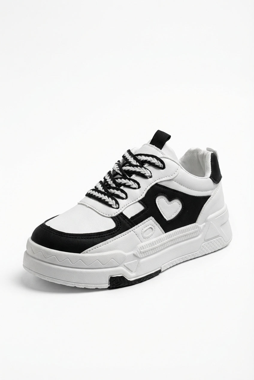 Lia | Black and White Chunky Heart-applique Sneakers