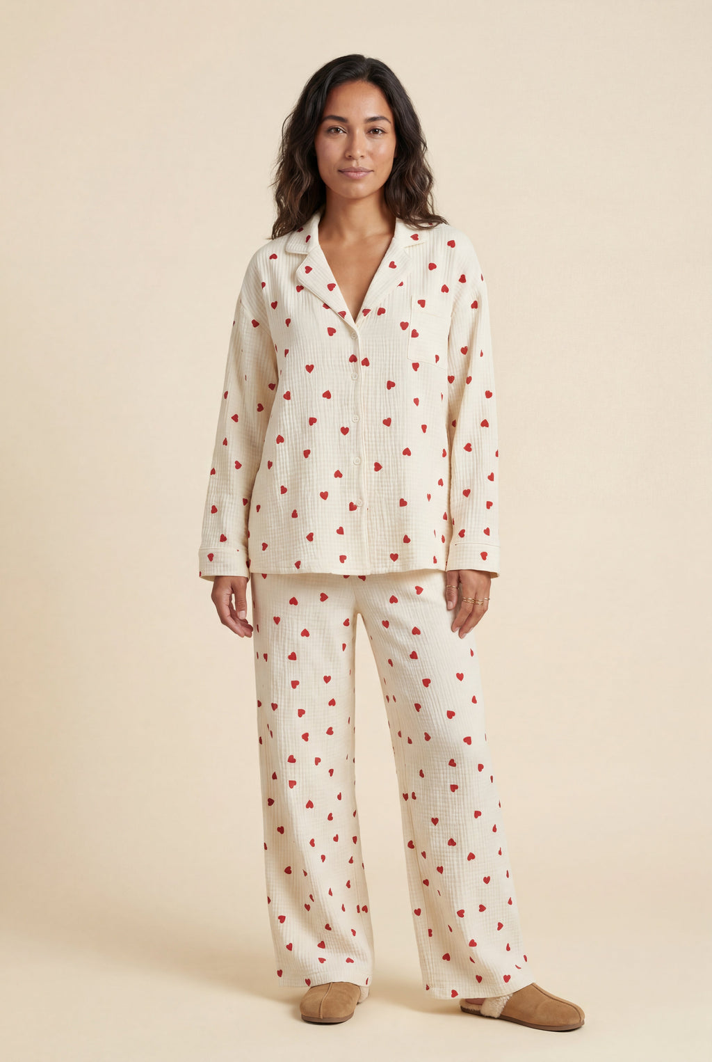 Lia | Cream Heart Print Relaxed Pajama Set