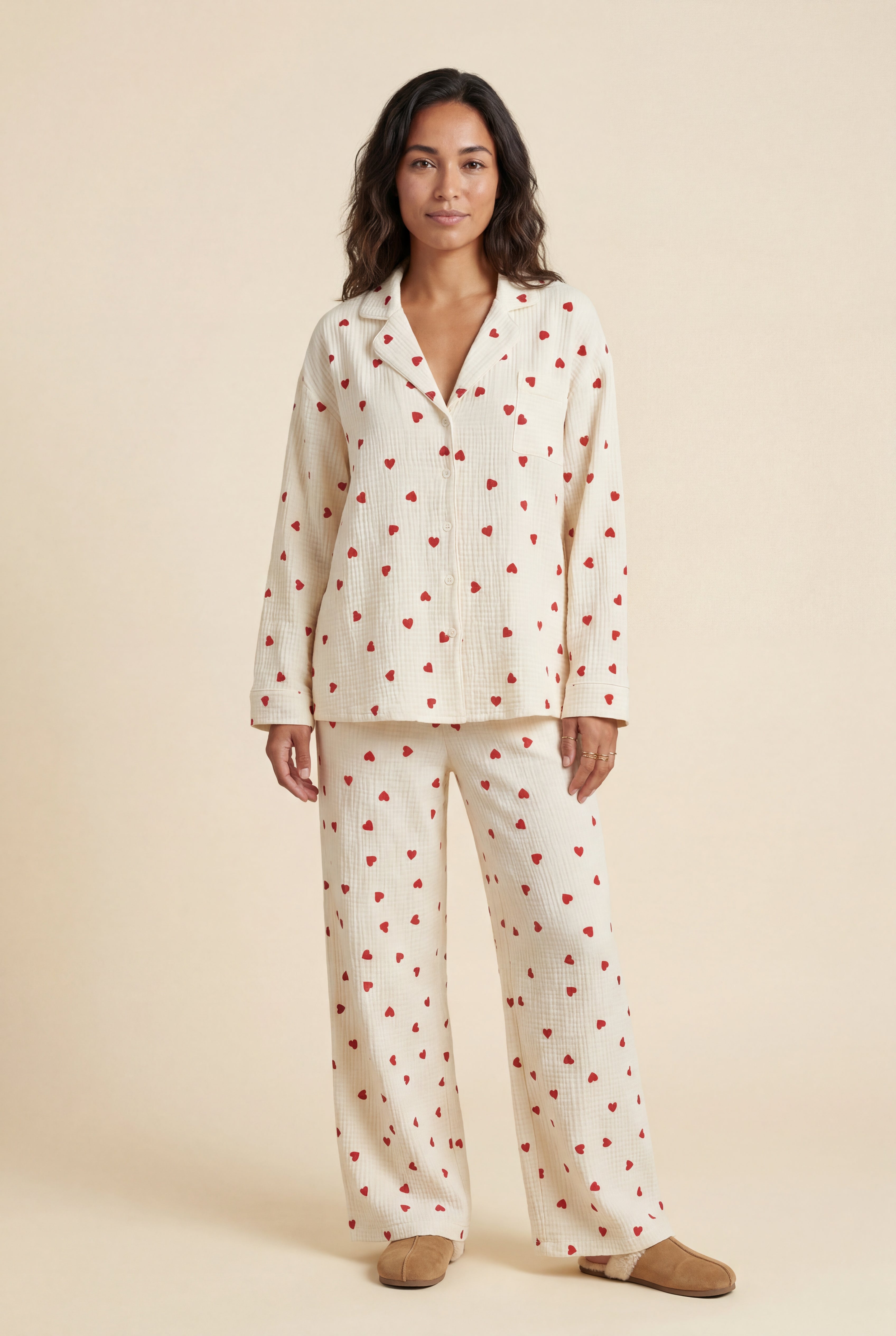 Lia | Cream Heart Print Relaxed Pajama Set