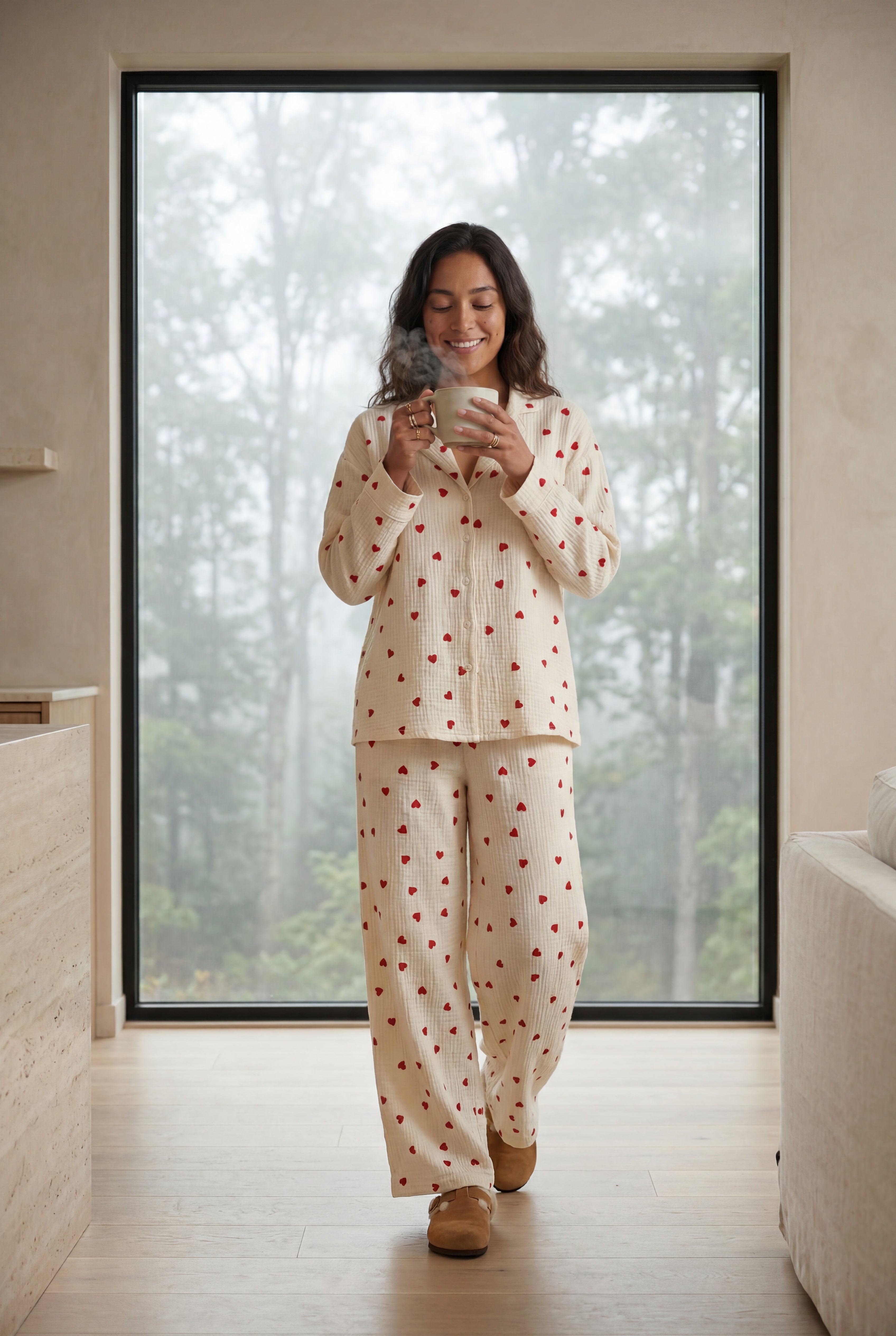 Lia | Cream Heart Print Relaxed Pajama Set