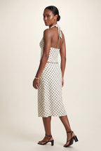 Cream Polka Dot Halter Neck Midi Dress with Open Back | Elcevi