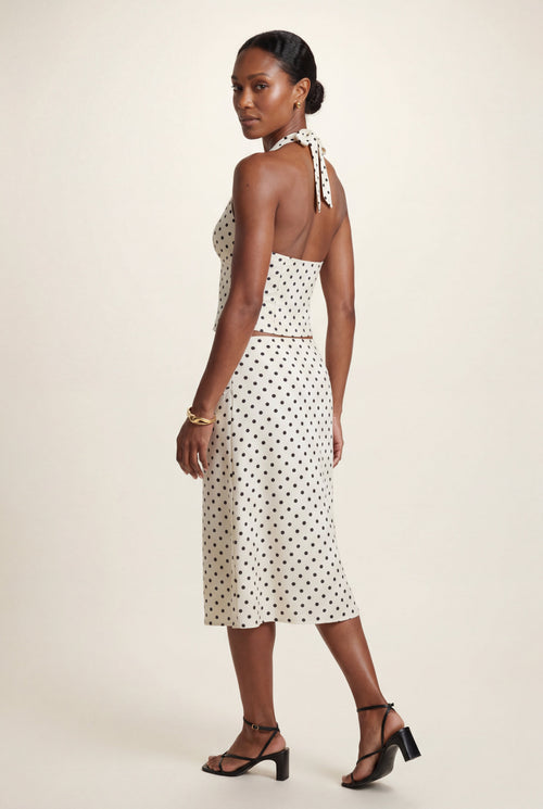 Cream Polka Dot Halter Neck Midi Dress with Open Back | Elcevi