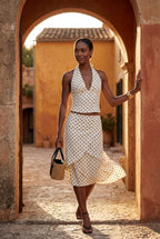 Cream Polka Dot Halter Neck Midi Dress with Open Back | Elcevi