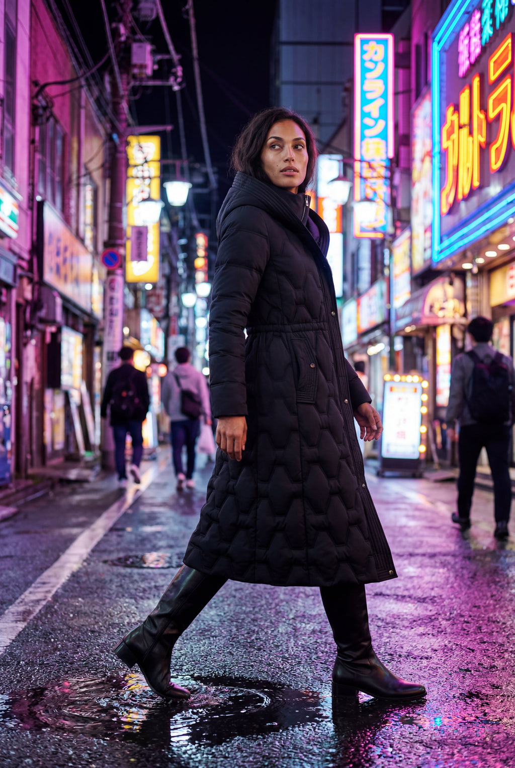 Geometric Quilted Calf-length Puffer Coat with Hood | Elcevi
