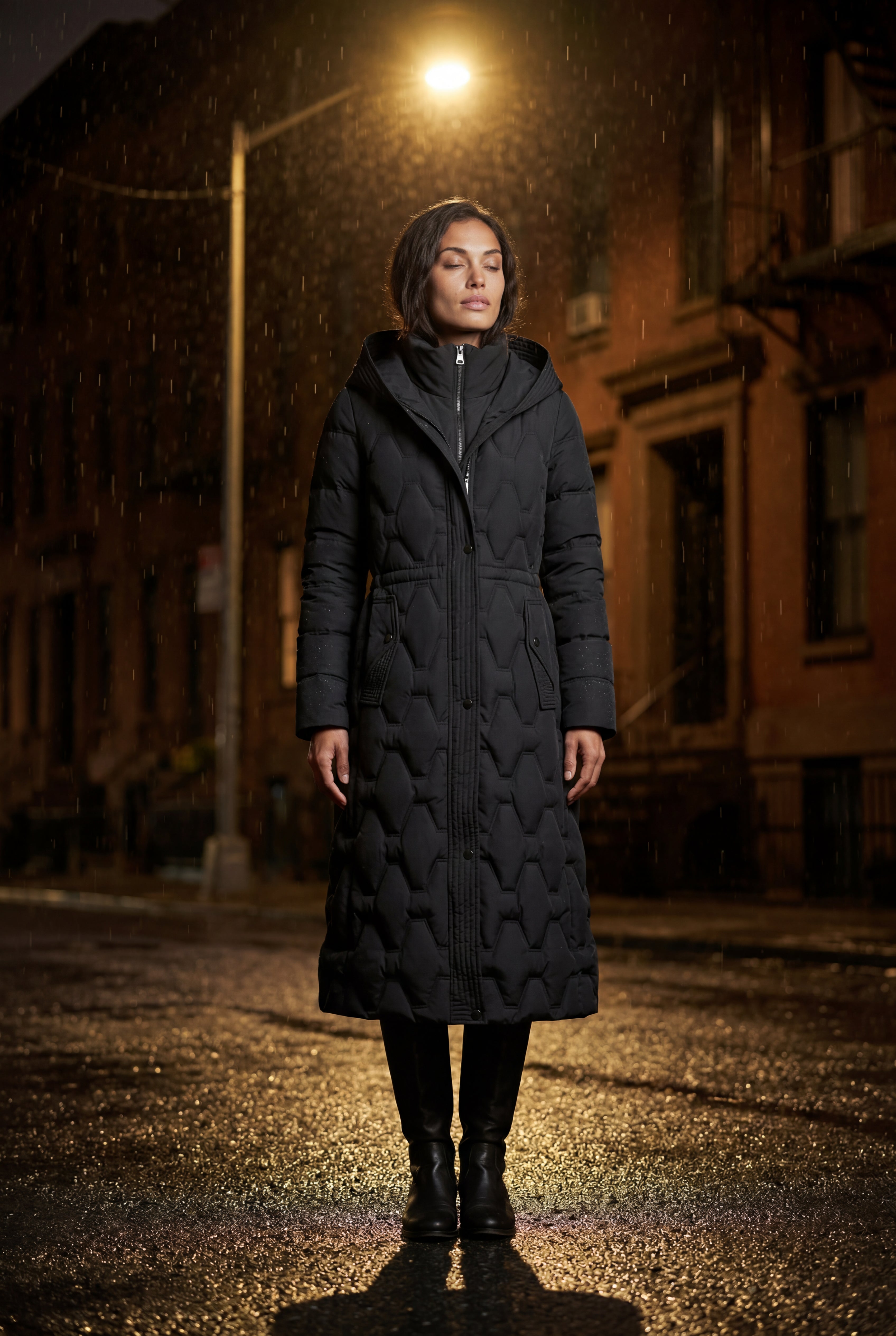 Geometric Quilted Calf-length Puffer Coat with Hood | Elcevi