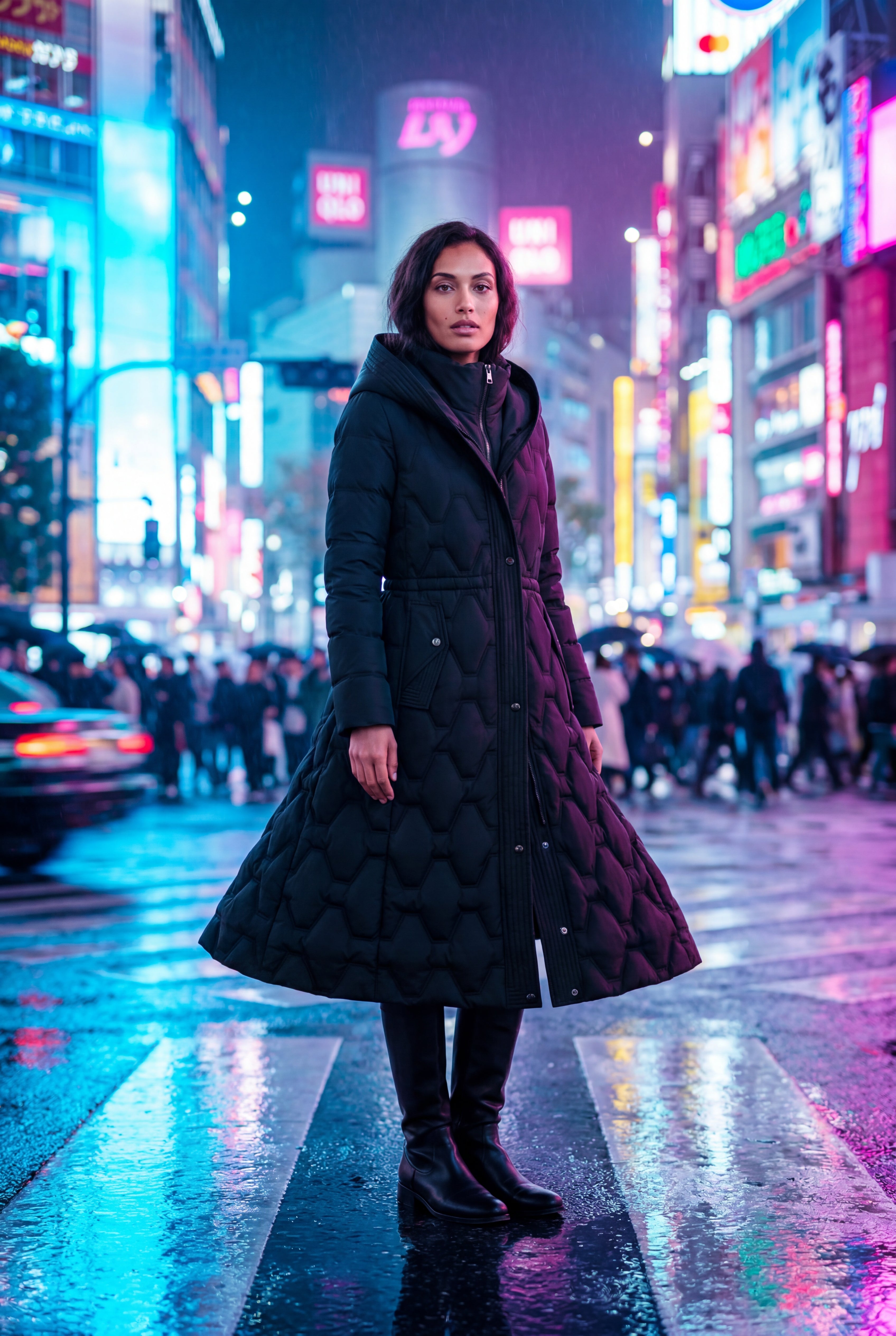 Geometric Quilted Calf-length Puffer Coat with Hood | Elcevi