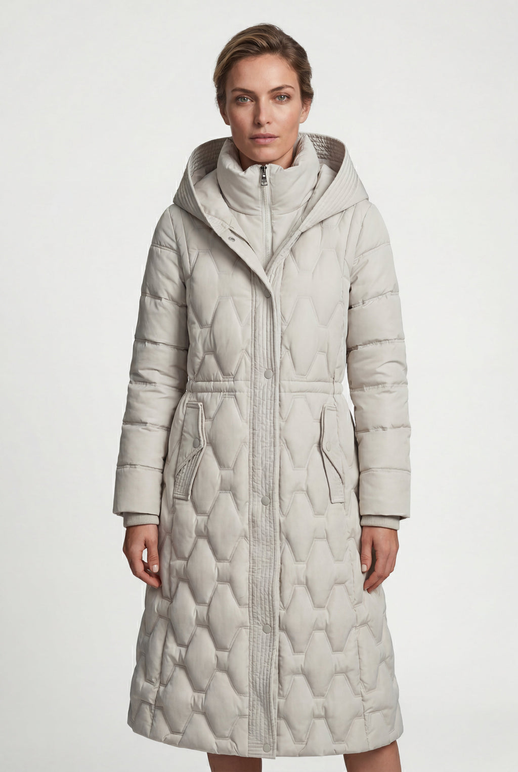 Geometric Quilted Calf-length Puffer Coat with Hood | Elcevi