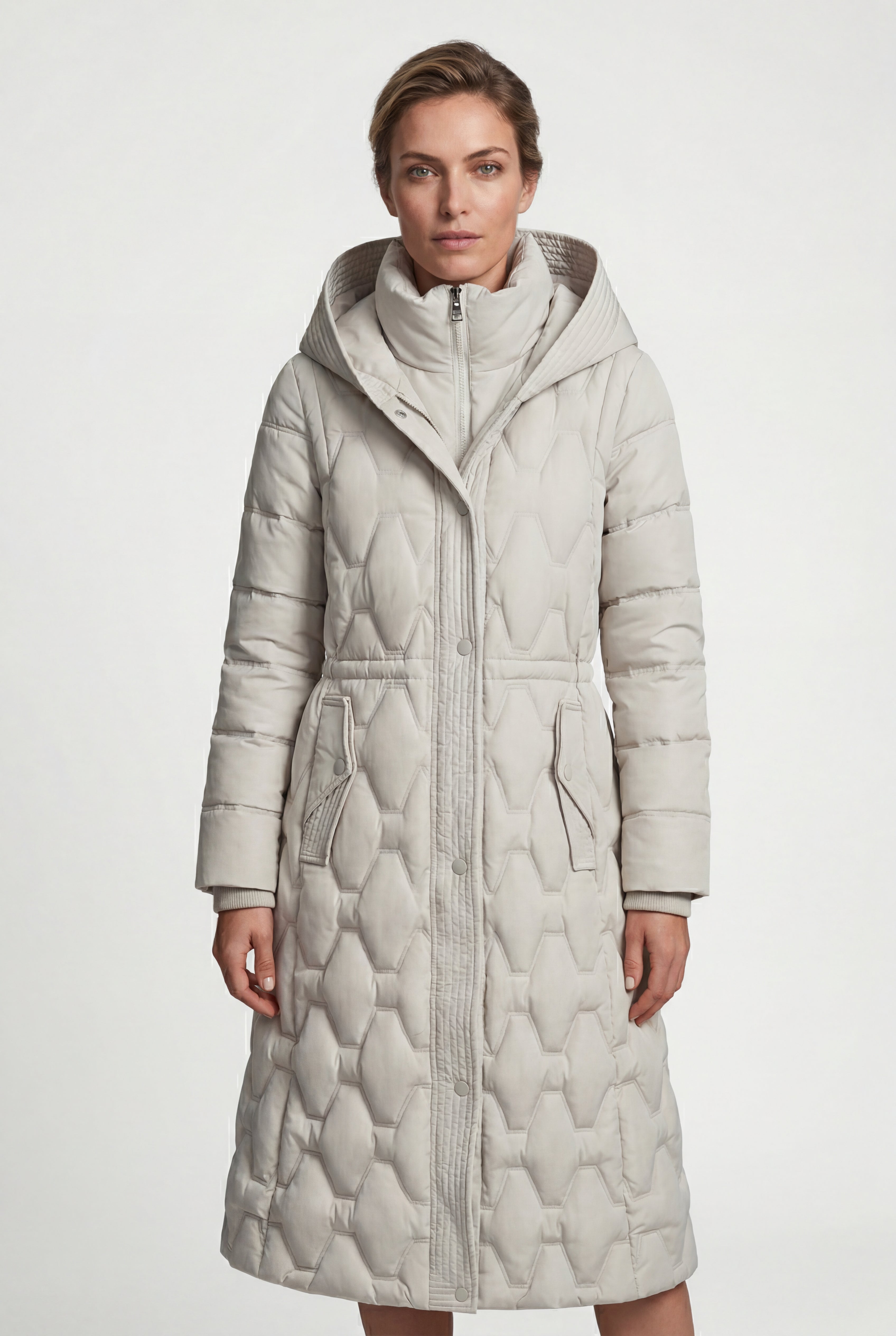 Geometric Quilted Calf-length Puffer Coat with Hood | Elcevi