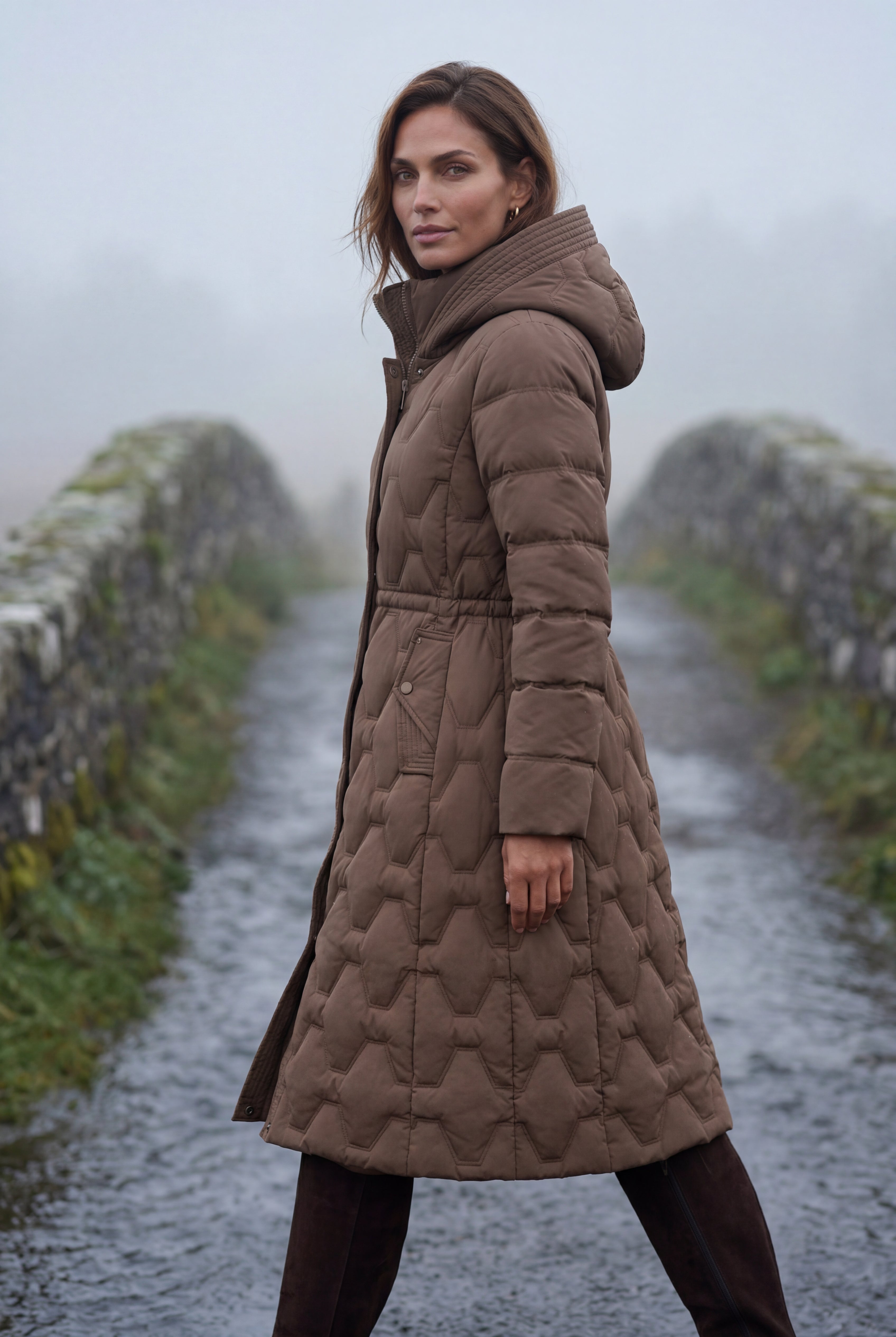 Geometric Quilted Calf-length Puffer Coat with Hood | Elcevi