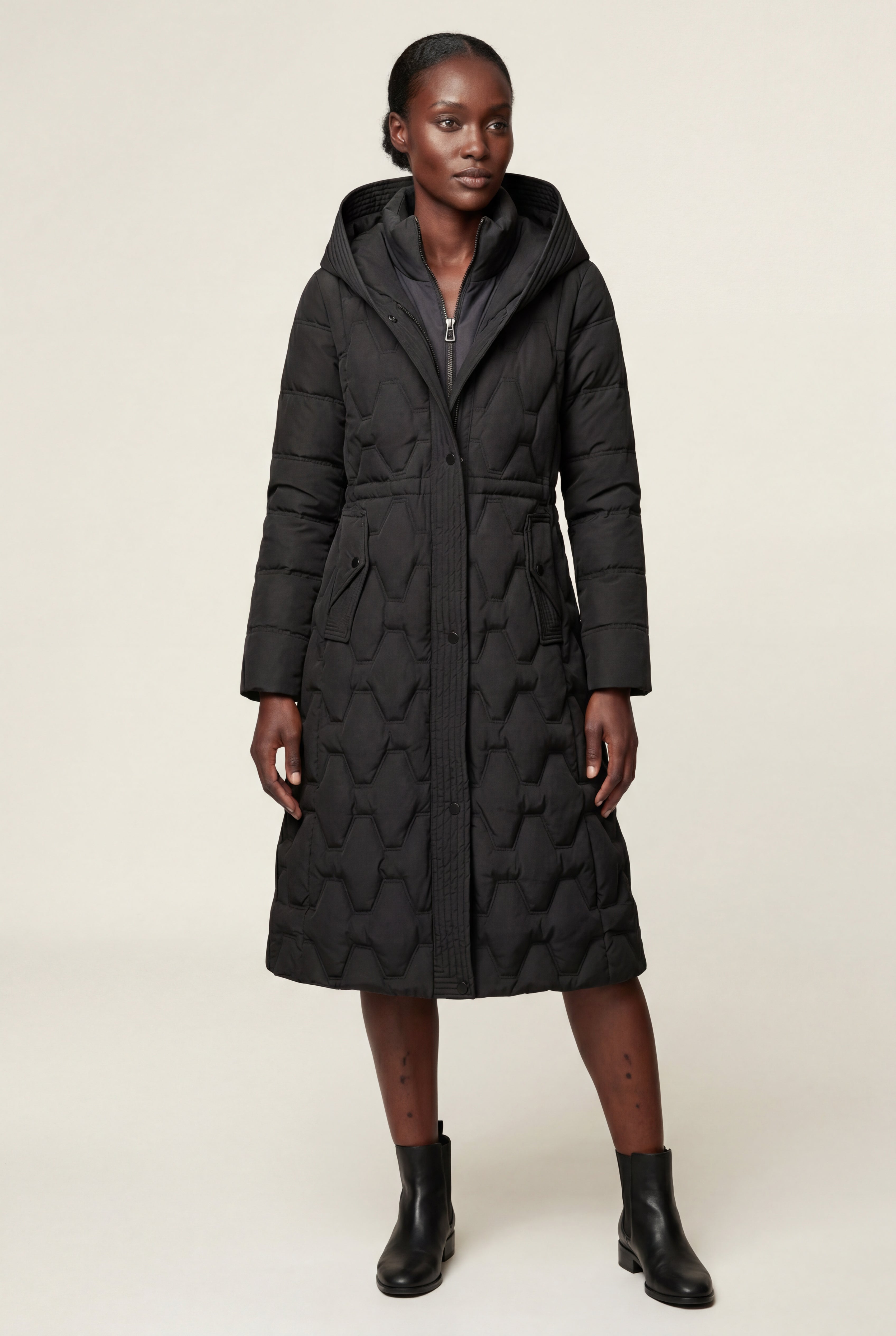 Geometric Quilted Calf-length Puffer Coat with Hood | Elcevi