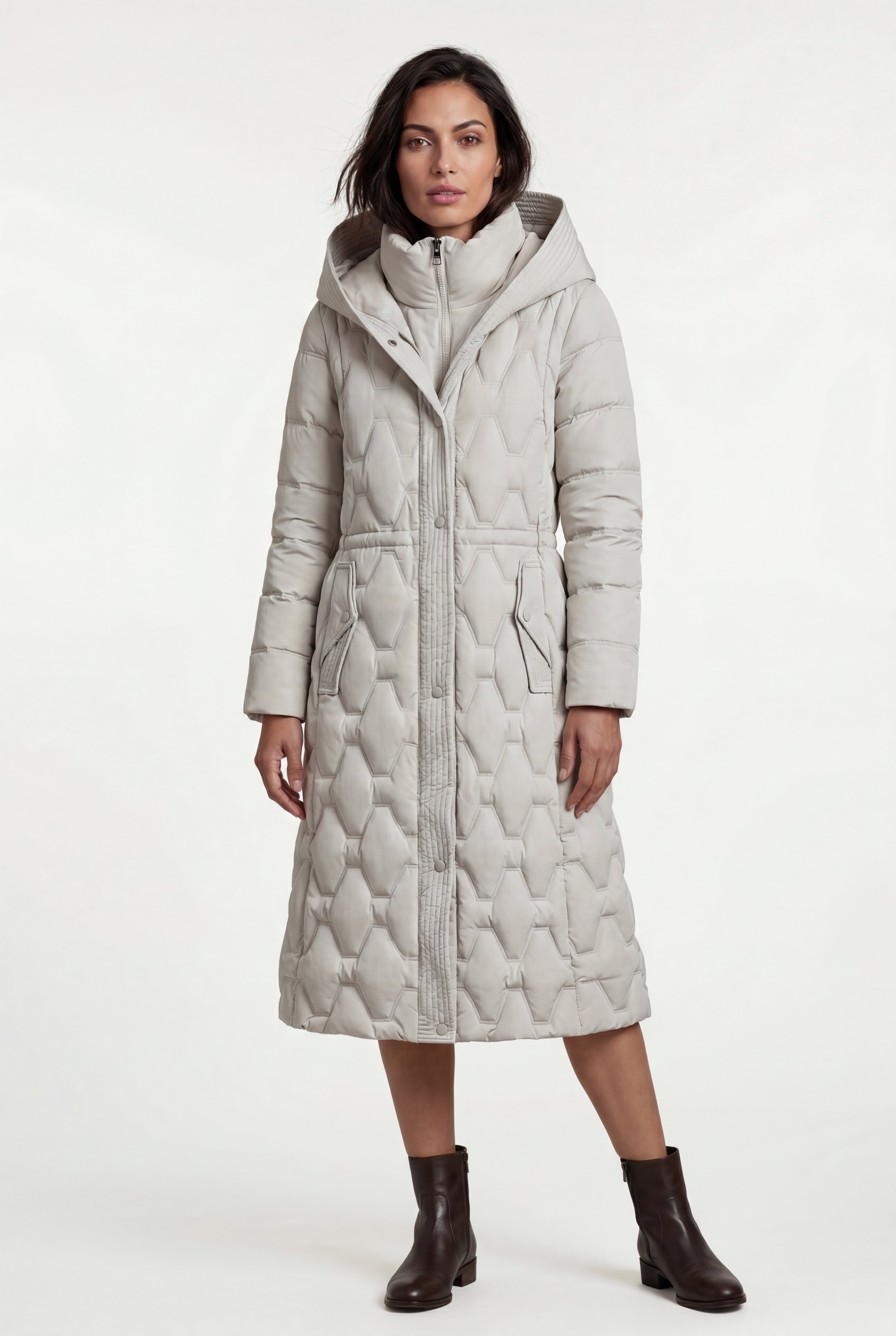 Geometric Quilted Calf-length Puffer Coat with Hood | Elcevi