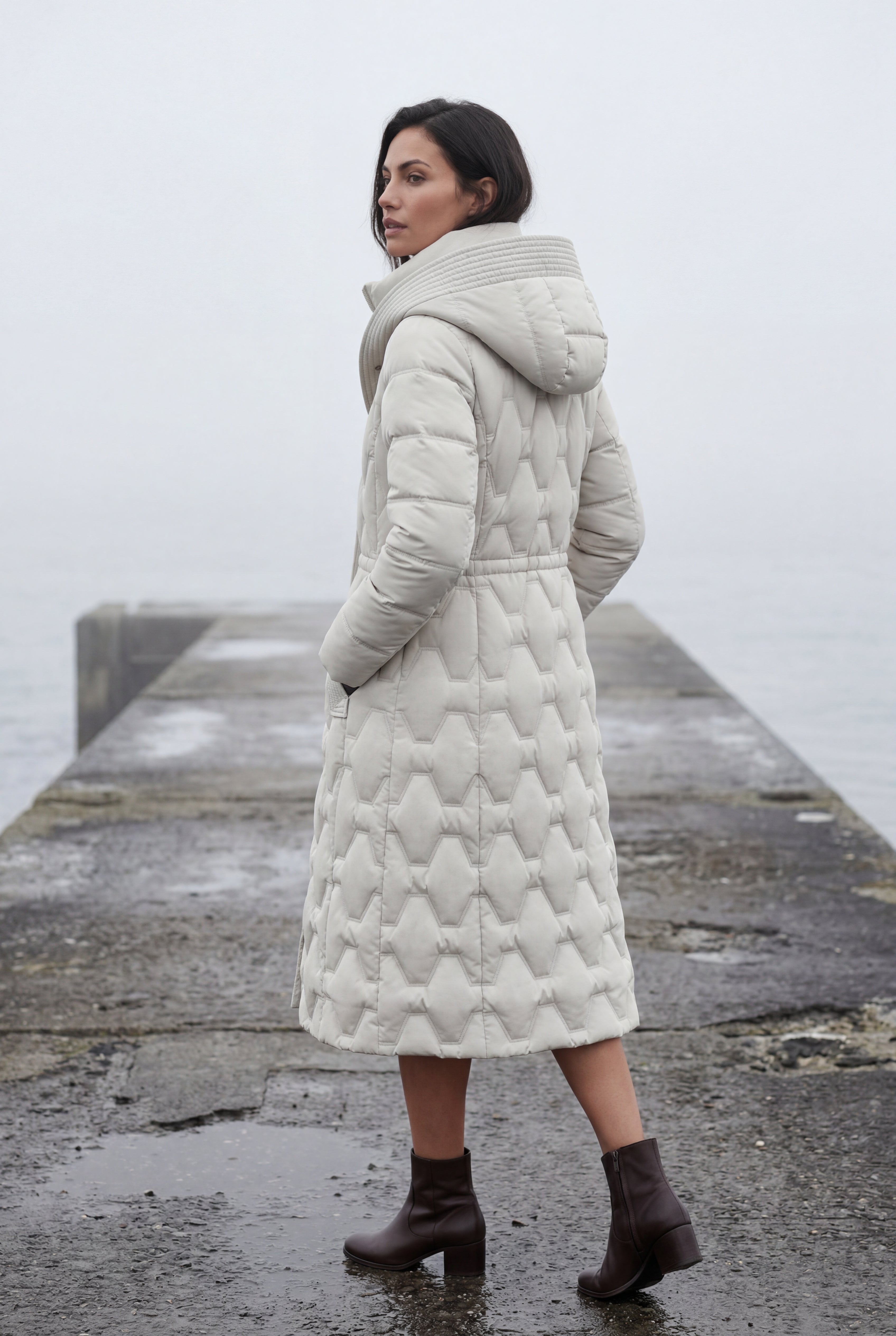 Geometric Quilted Calf-length Puffer Coat with Hood | Elcevi