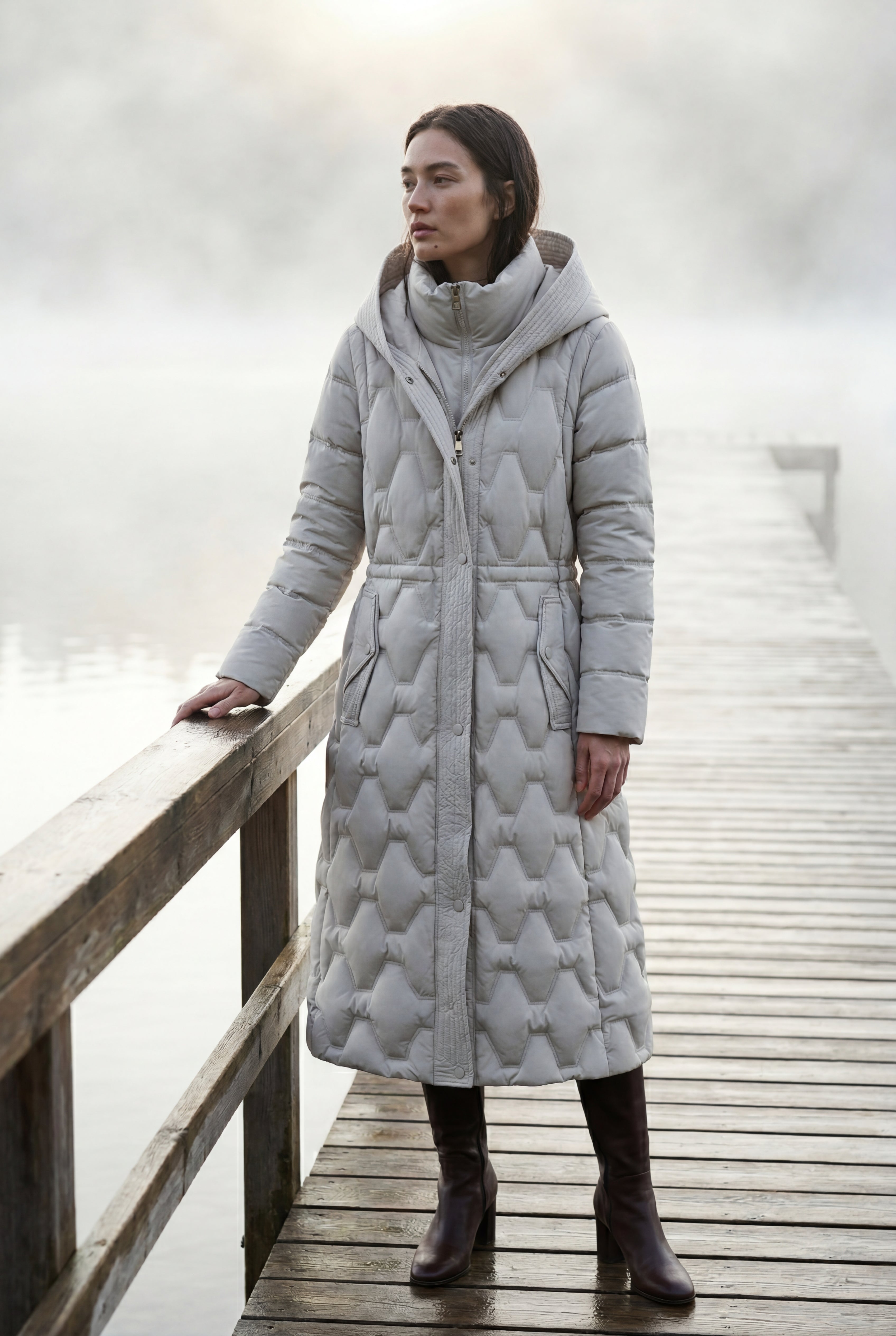 Geometric Quilted Calf-length Puffer Coat with Hood | Elcevi