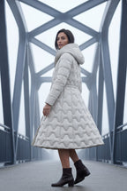 Geometric Quilted Calf-length Puffer Coat with Hood | Elcevi