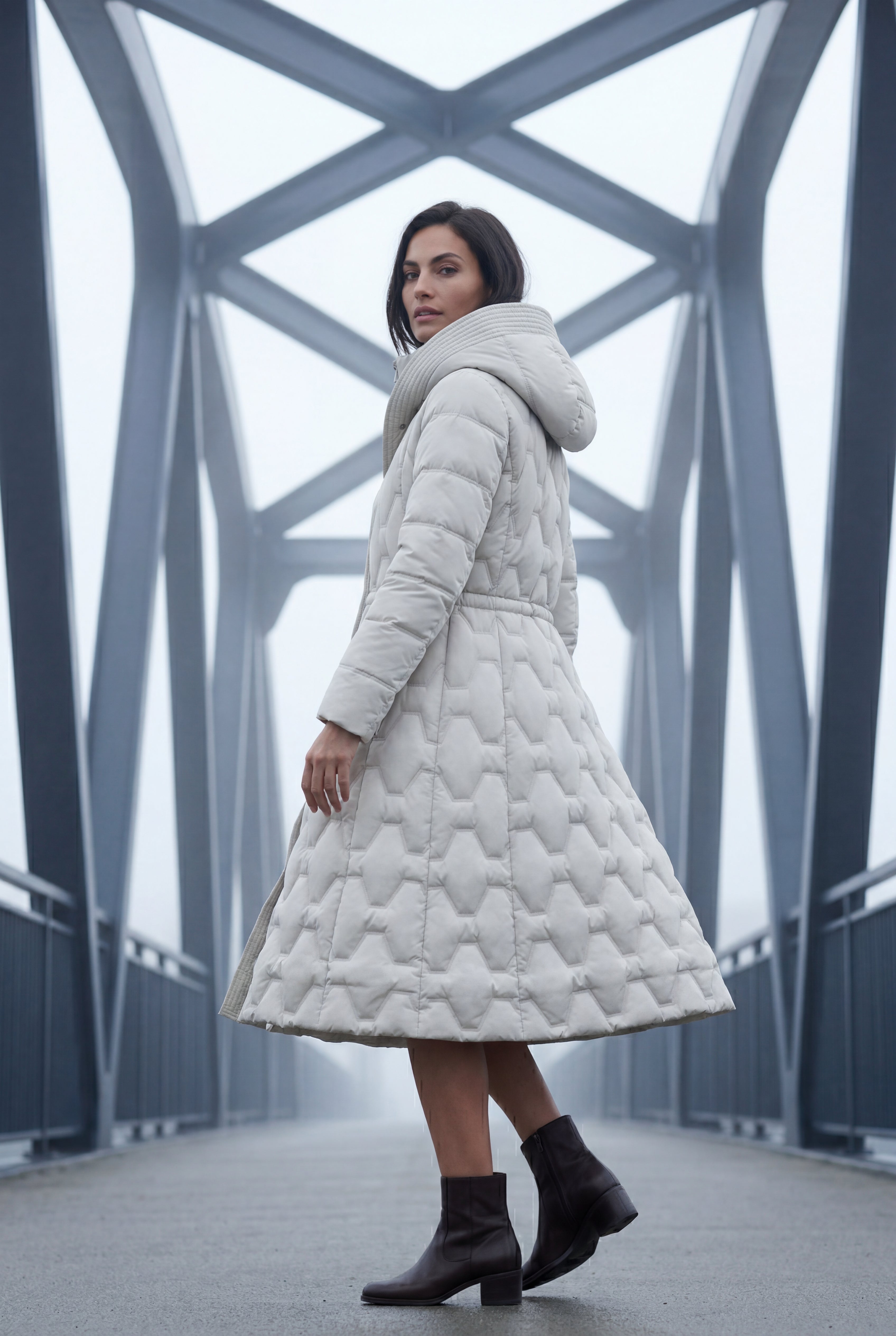 Geometric Quilted Calf-length Puffer Coat with Hood | Elcevi