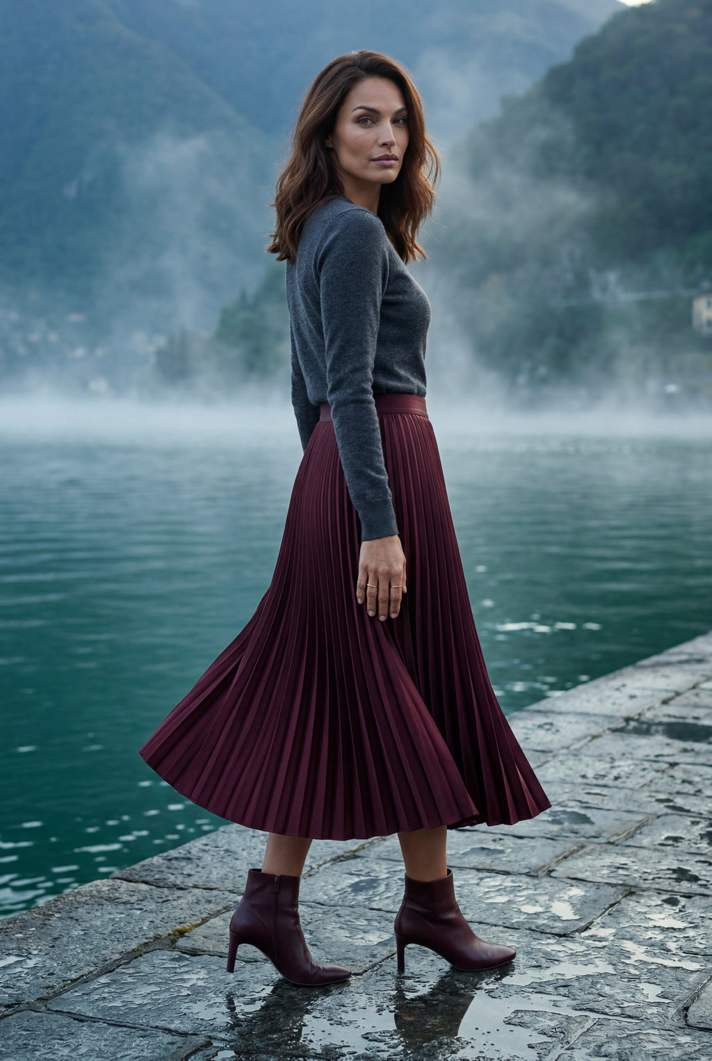 Alessia | High-waisted A-line Pleated Midi Skirt For Women