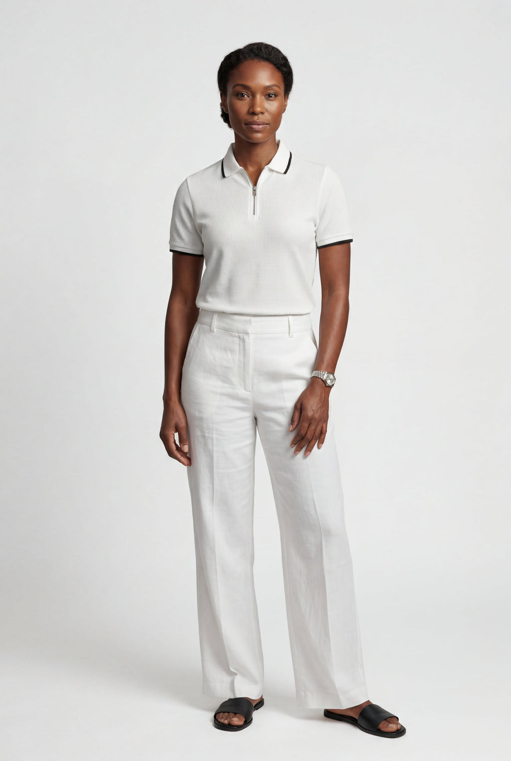 Lisa | Ivory Contrast Trim Textured Half Zip Polo Shirt