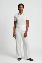Lisa | Ivory Contrast Trim Textured Half Zip Polo Shirt