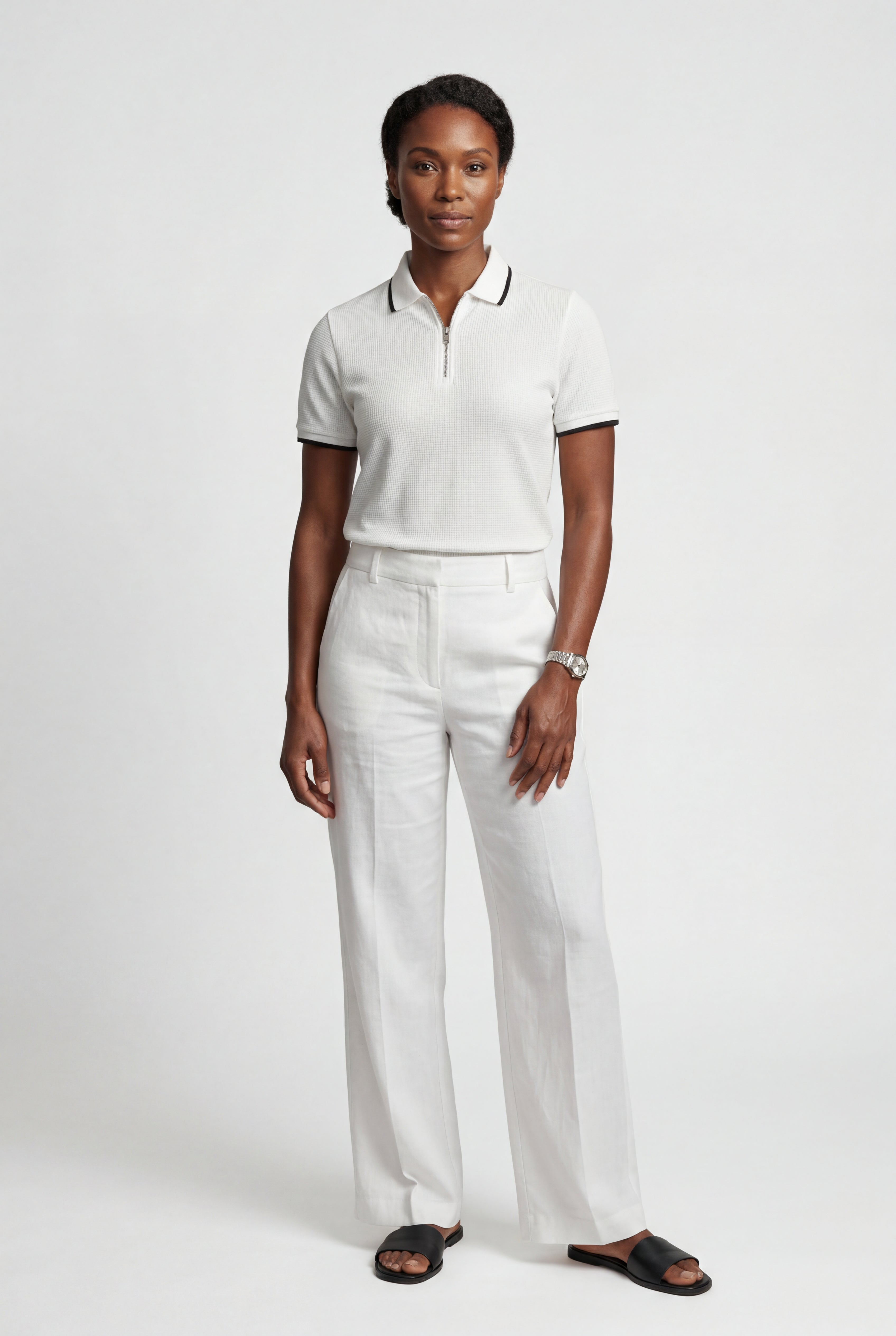 Lisa | Ivory Contrast Trim Textured Half Zip Polo Shirt